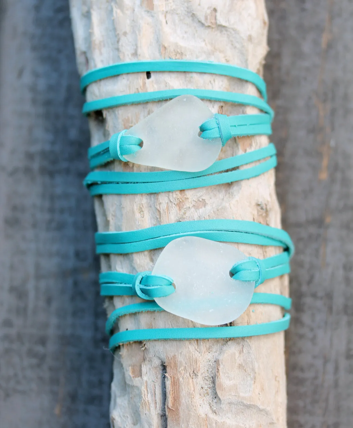 Sea Glass & Leather Wrap Bracelet