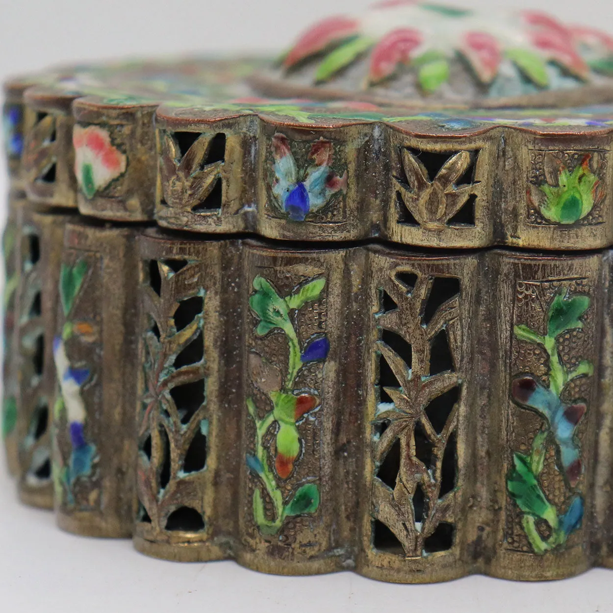 Small Chinese Export Cloisonne Enamel and Brass Reticulated Box