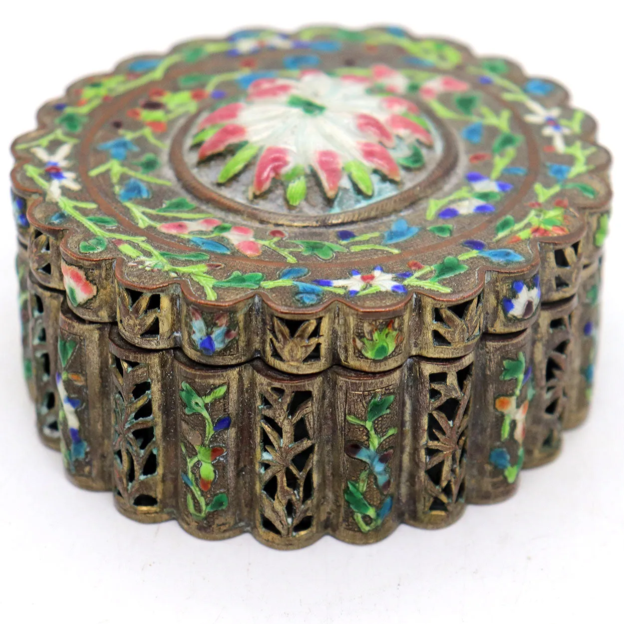 Small Chinese Export Cloisonne Enamel and Brass Reticulated Box