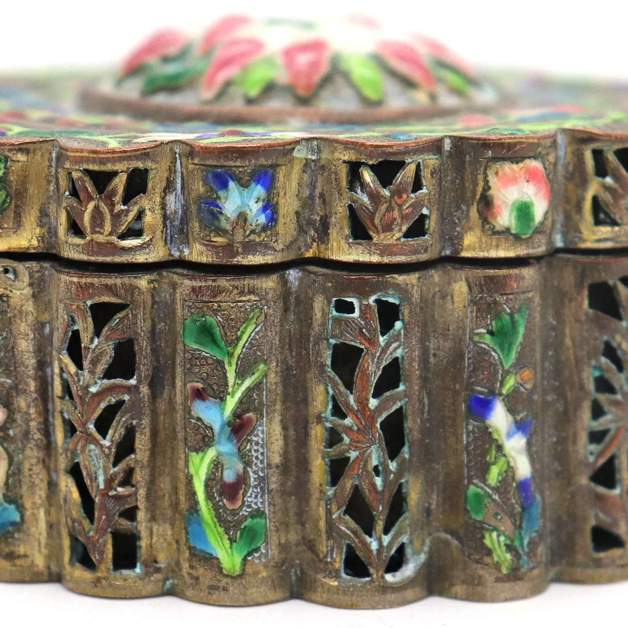 Small Chinese Export Cloisonne Enamel and Brass Reticulated Box