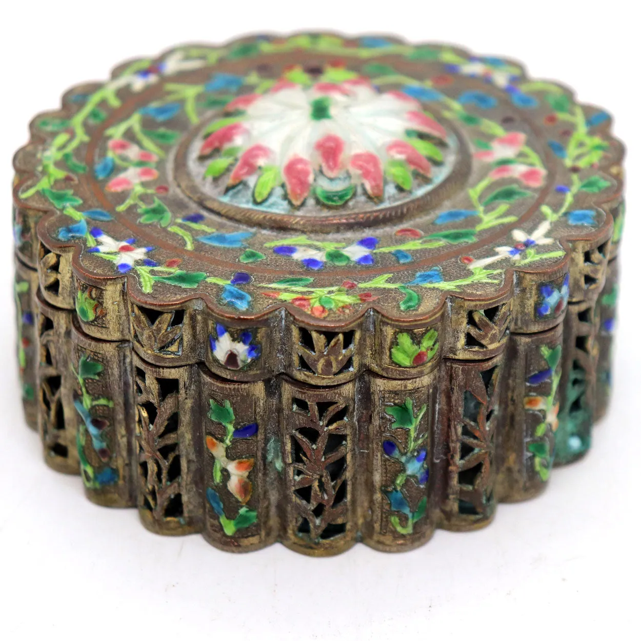 Small Chinese Export Cloisonne Enamel and Brass Reticulated Box