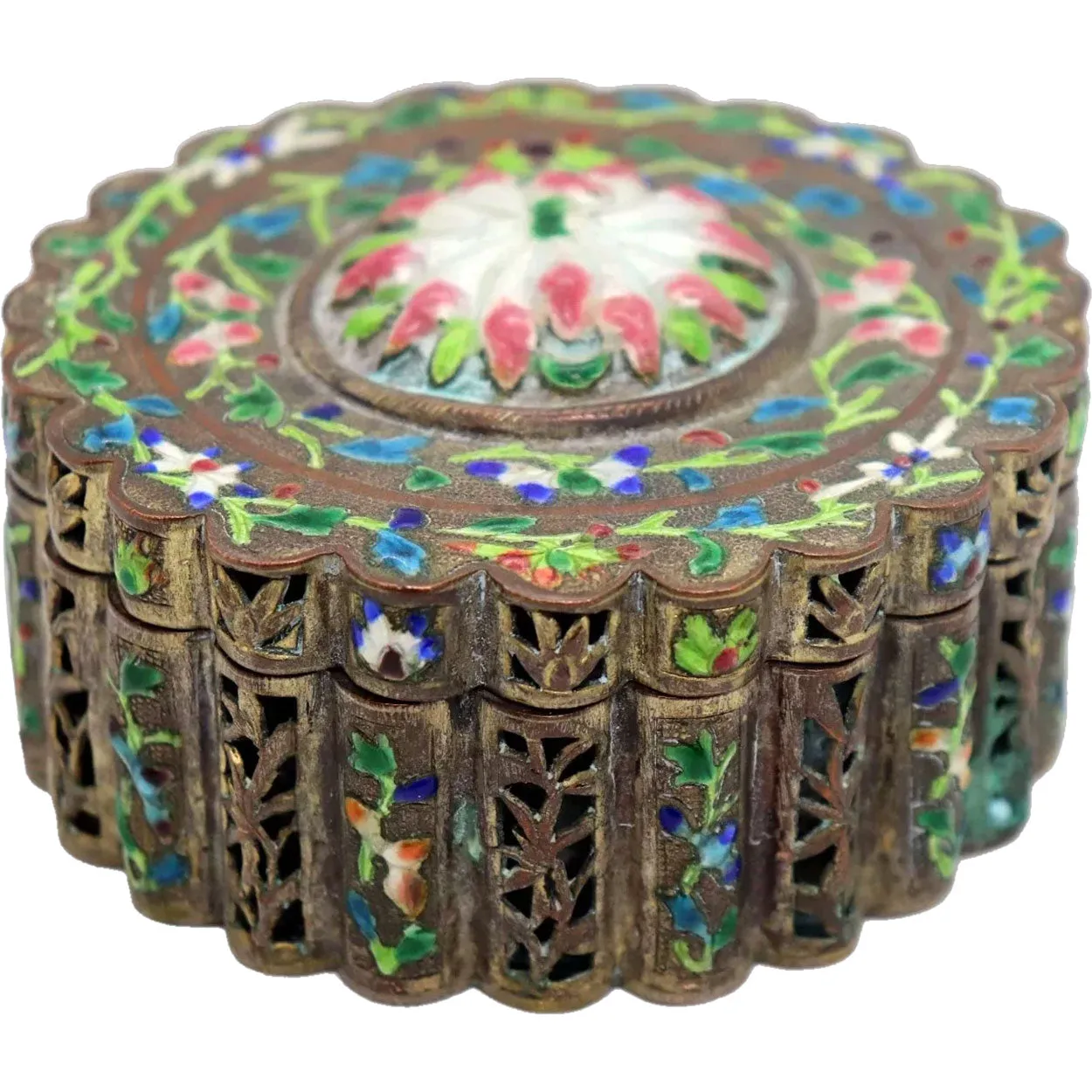 Small Chinese Export Cloisonne Enamel and Brass Reticulated Box