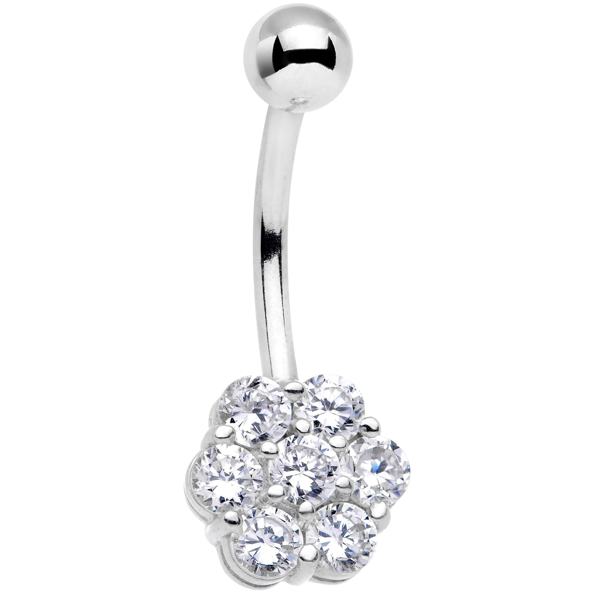 Solid 14kt White Gold Gem Flower Belly Ring-16 Gauge