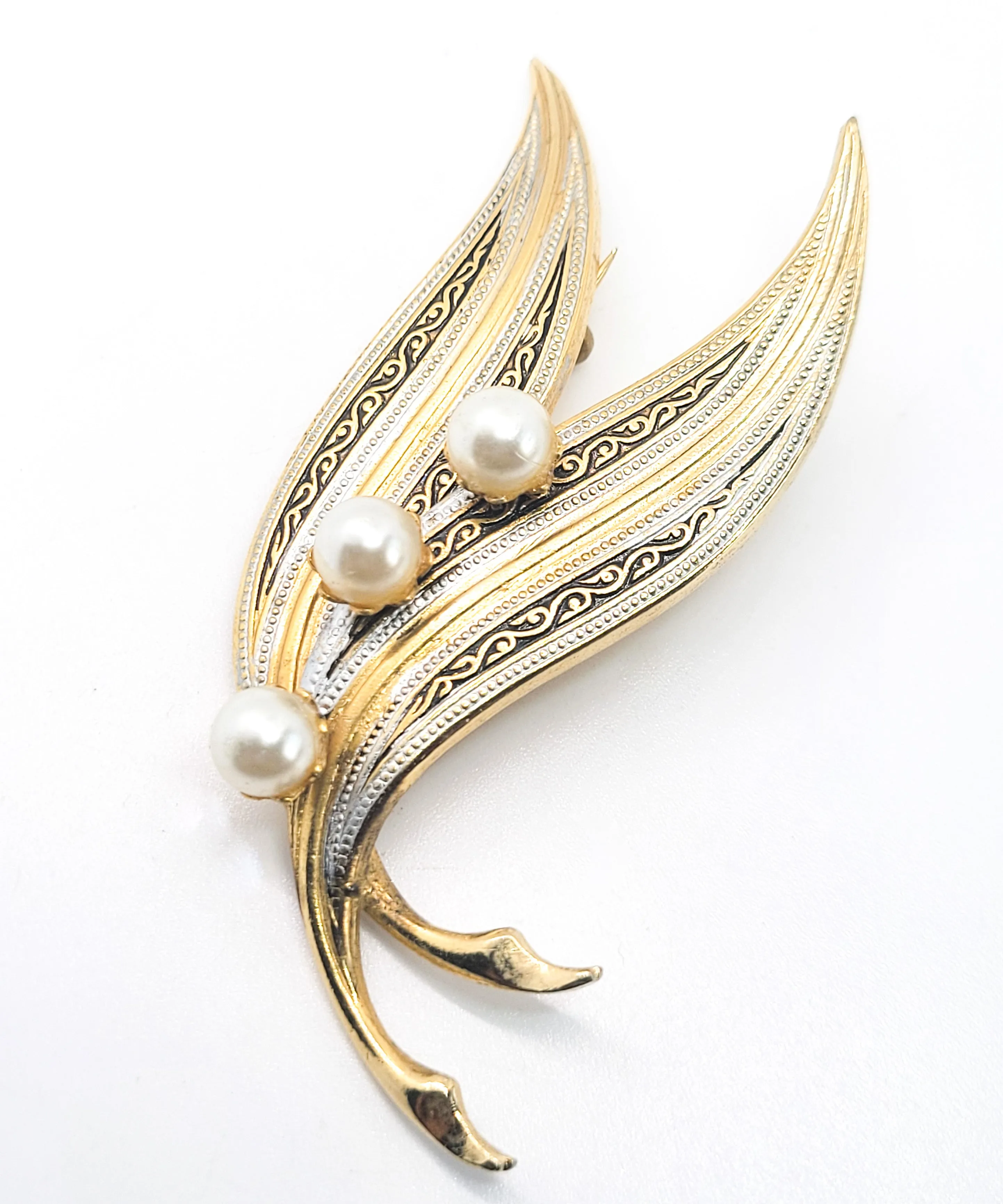 Spanish Damascene gold toned black and white enamel pearl vintage brooch
