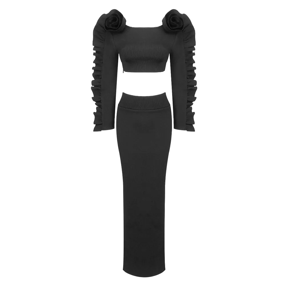 Square Collar Long Sleeve Fungus Lace Maxi Set BD2497