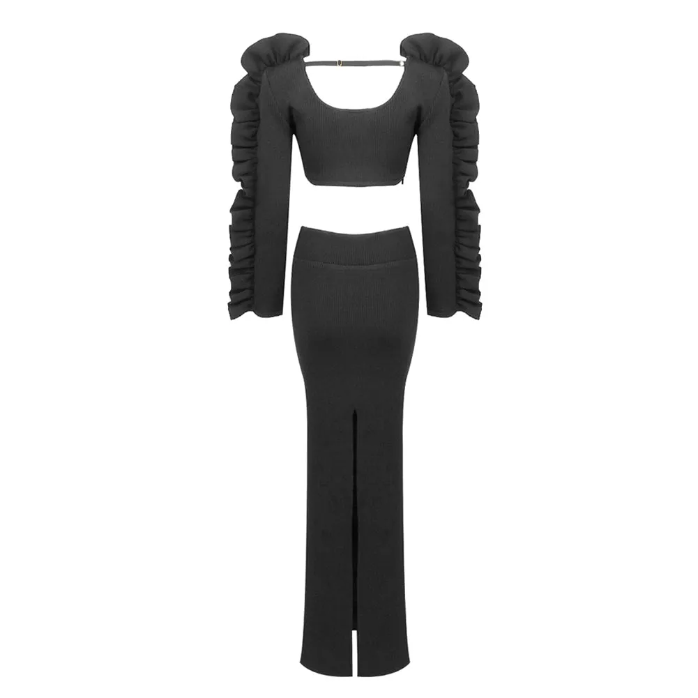 Square Collar Long Sleeve Fungus Lace Maxi Set BD2497
