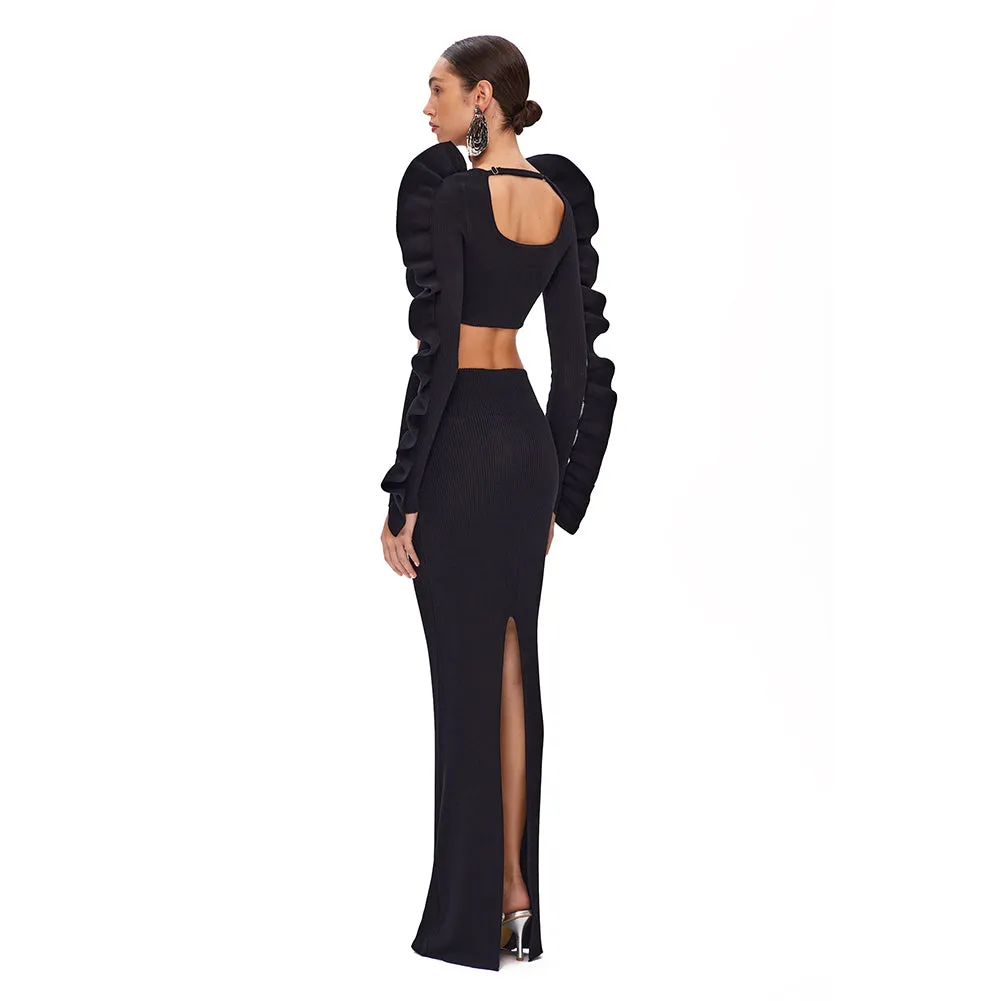 Square Collar Long Sleeve Fungus Lace Maxi Set BD2497
