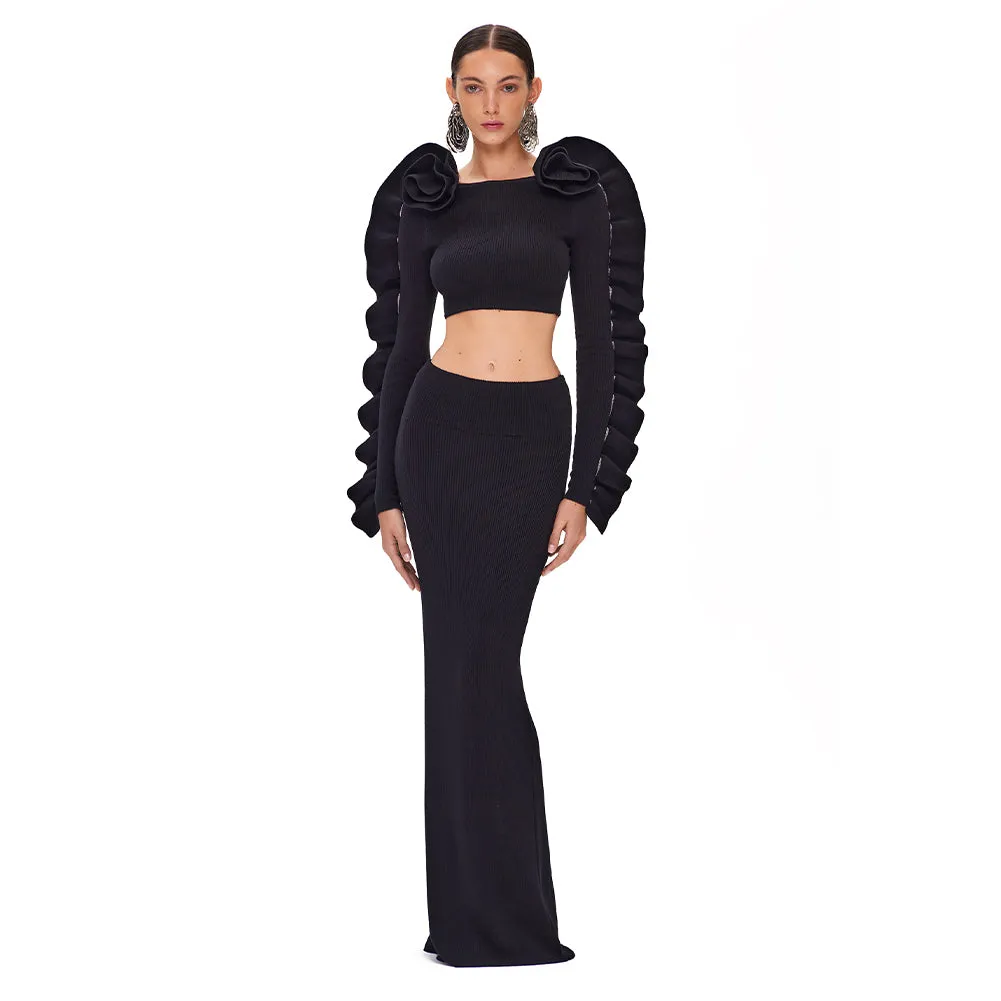 Square Collar Long Sleeve Fungus Lace Maxi Set BD2497