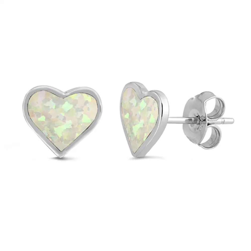 Sterling Silver Simple Heart Promise Love Classic Earrings White Synthetic Opal