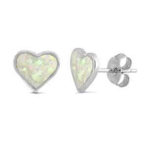 Sterling Silver Simple Heart Promise Love Classic Earrings White Synthetic Opal