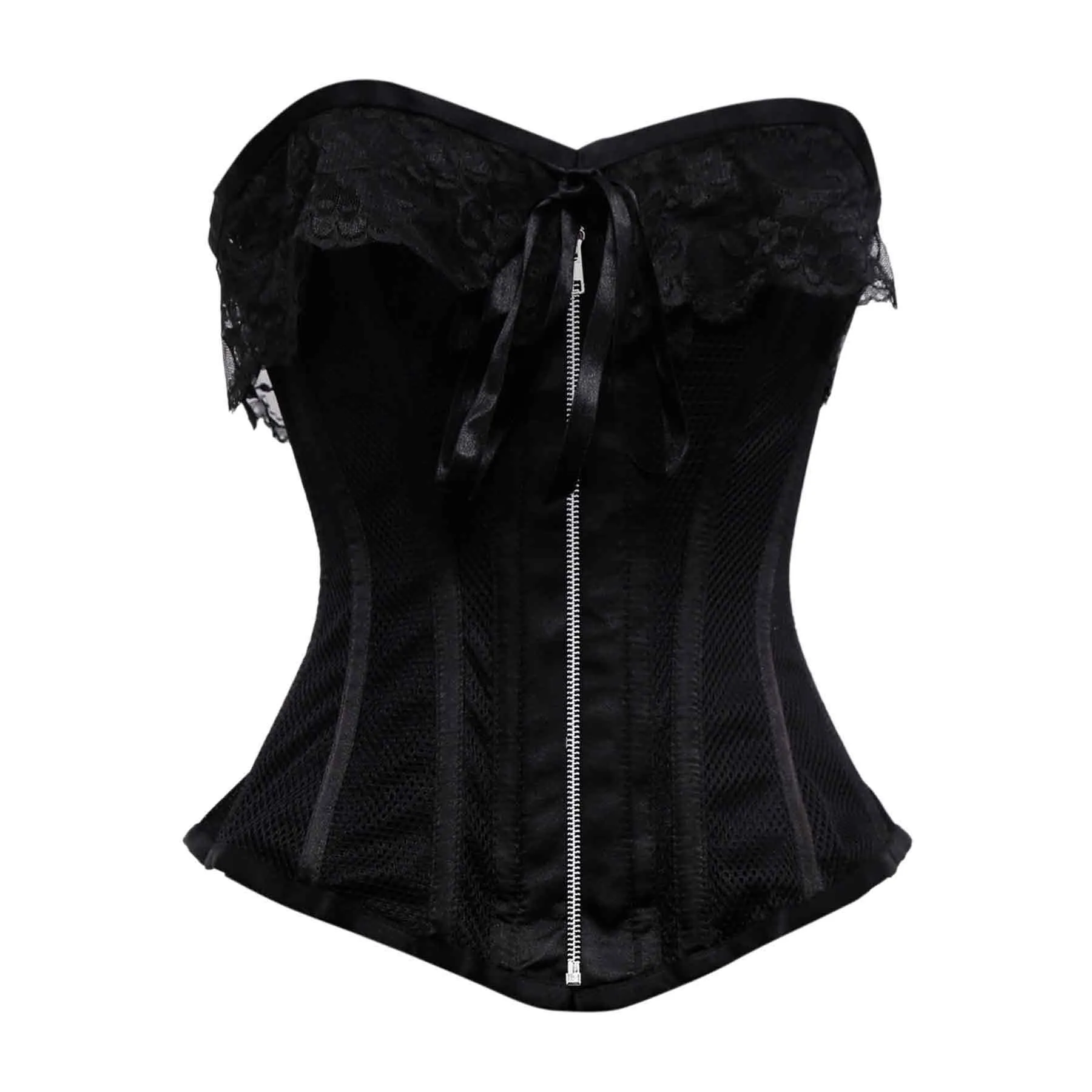 Thaith Black Mesh & Satin Lace Steel Boned Overbust Corset