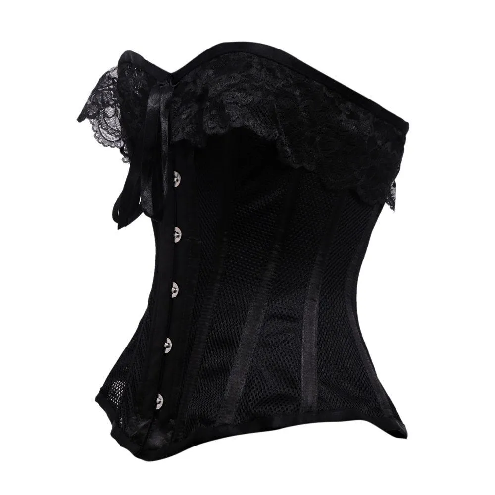 Thaith Black Mesh & Satin Lace Steel Boned Overbust Corset