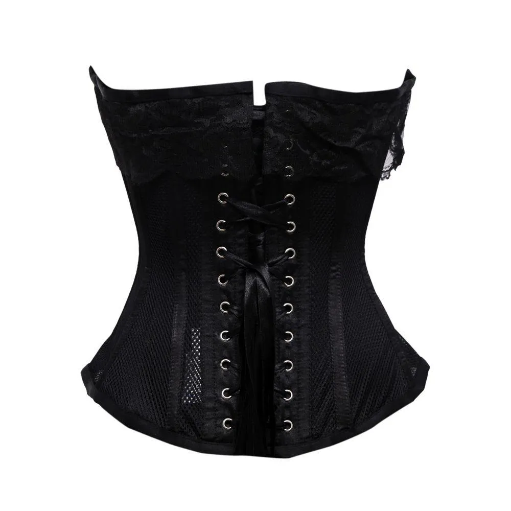 Thaith Black Mesh & Satin Lace Steel Boned Overbust Corset