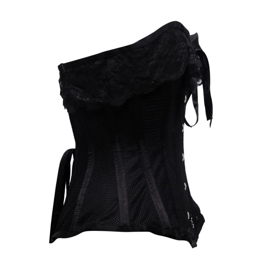 Thaith Black Mesh & Satin Lace Steel Boned Overbust Corset