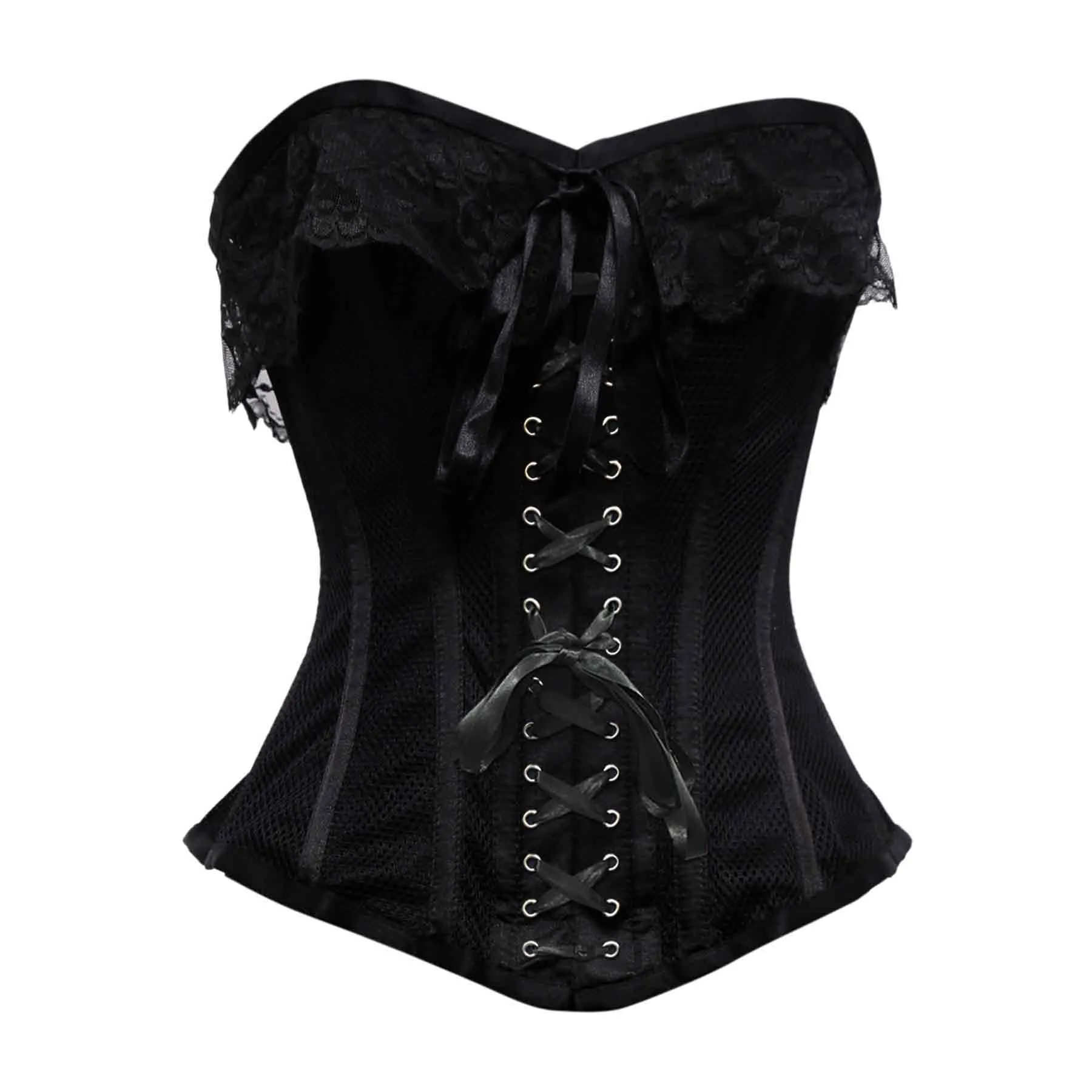 Thaith Black Mesh & Satin Lace Steel Boned Overbust Corset