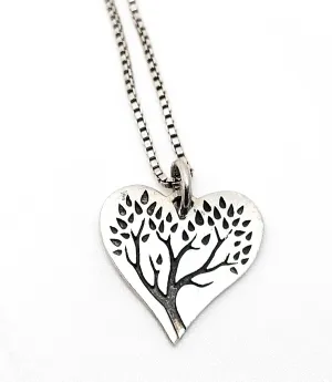 Tree of Life small black enamel on sterling silver heart pendant necklace