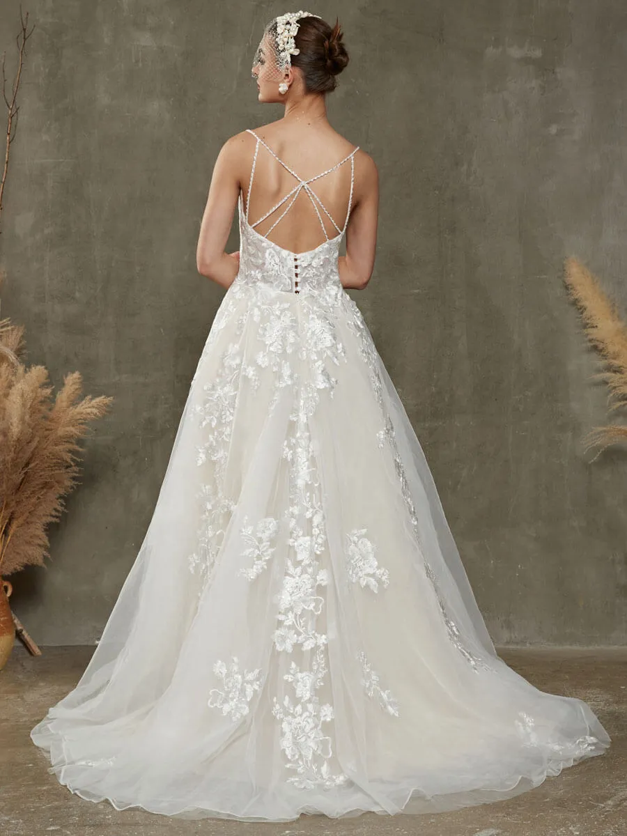 V-Neck Sleeveless Lace Open Back Wedding Dress With Chapel Train
