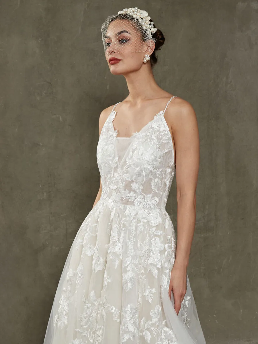 V-Neck Sleeveless Lace Open Back Wedding Dress With Chapel Train