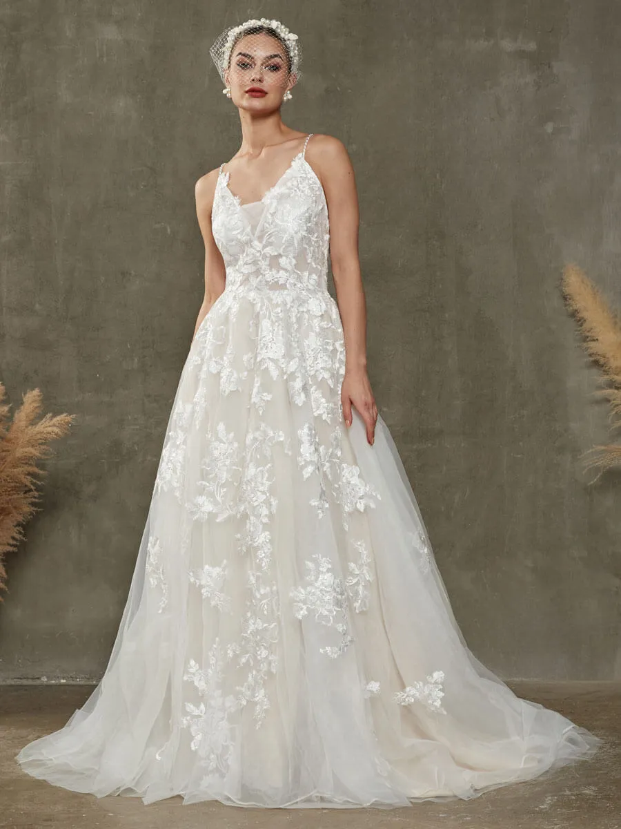 V-Neck Sleeveless Lace Open Back Wedding Dress With Chapel Train