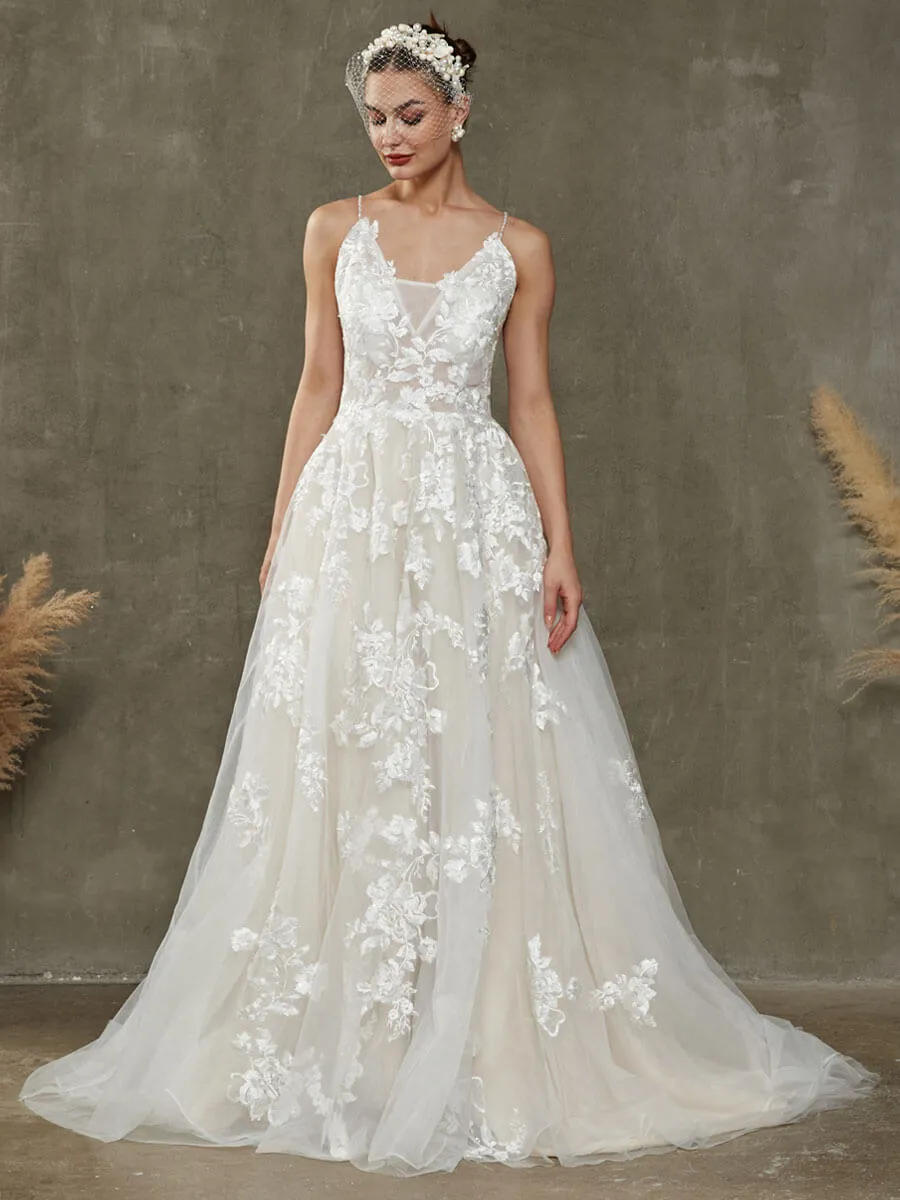 V-Neck Sleeveless Lace Open Back Wedding Dress With Chapel Train