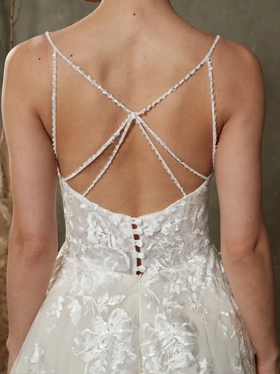 V-Neck Sleeveless Lace Open Back Wedding Dress With Chapel Train