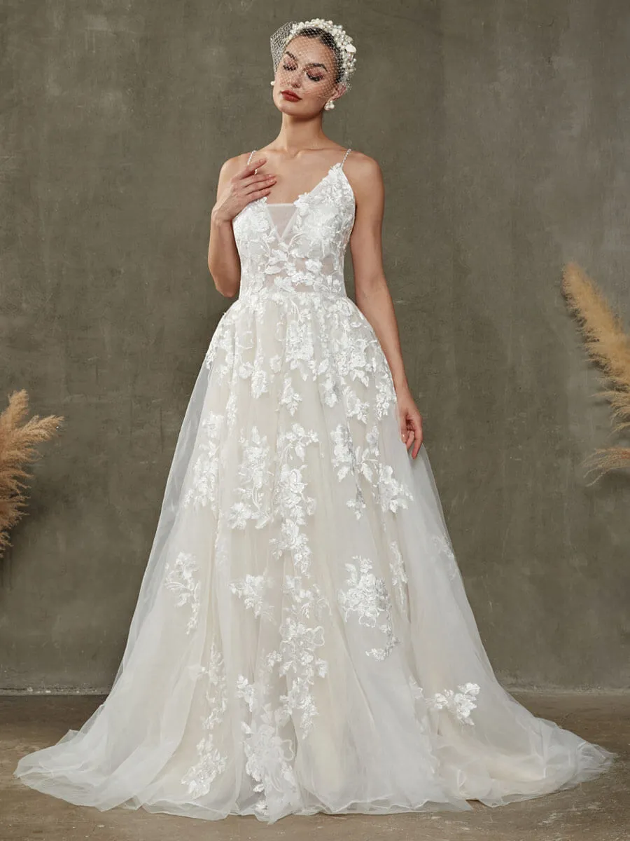 V-Neck Sleeveless Lace Open Back Wedding Dress With Chapel Train
