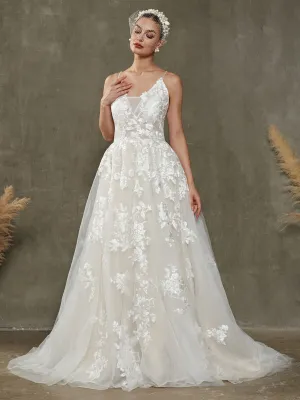 V-Neck Sleeveless Lace Open Back Wedding Dress With Chapel Train
