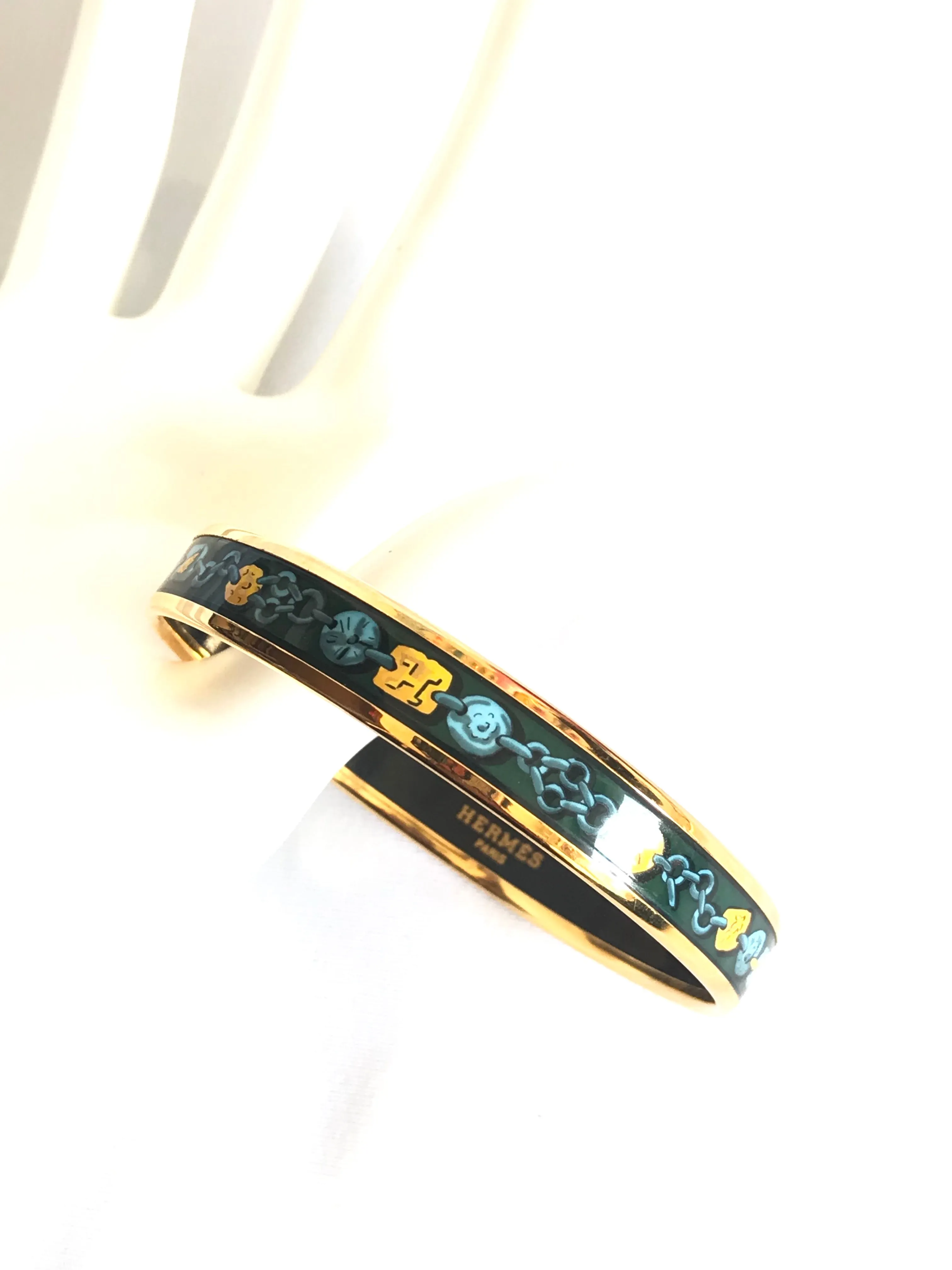 Ves. Vintage Hermes cloisonne enamel bangle with green, yellow, and blue. Charm and chain design. 050320r7
