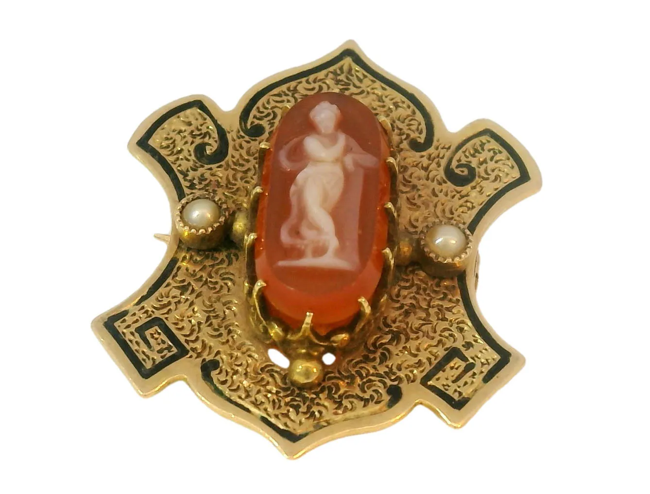 Victorian Antique 14K Yellow Gold Enamel Seed Pearl Intaglio Brooch Pin