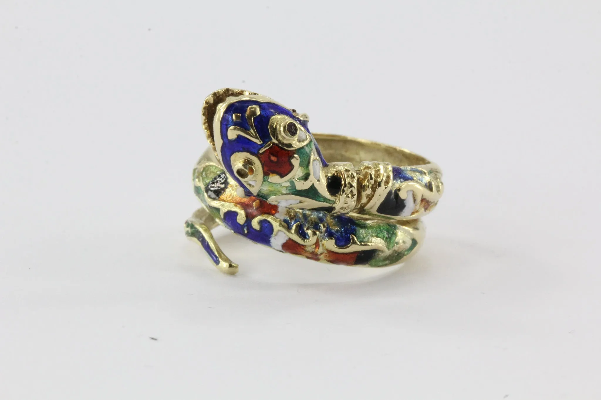 Vintage 14K Gold Blue Green Red White & Black Enamel Coiled Snake Ring