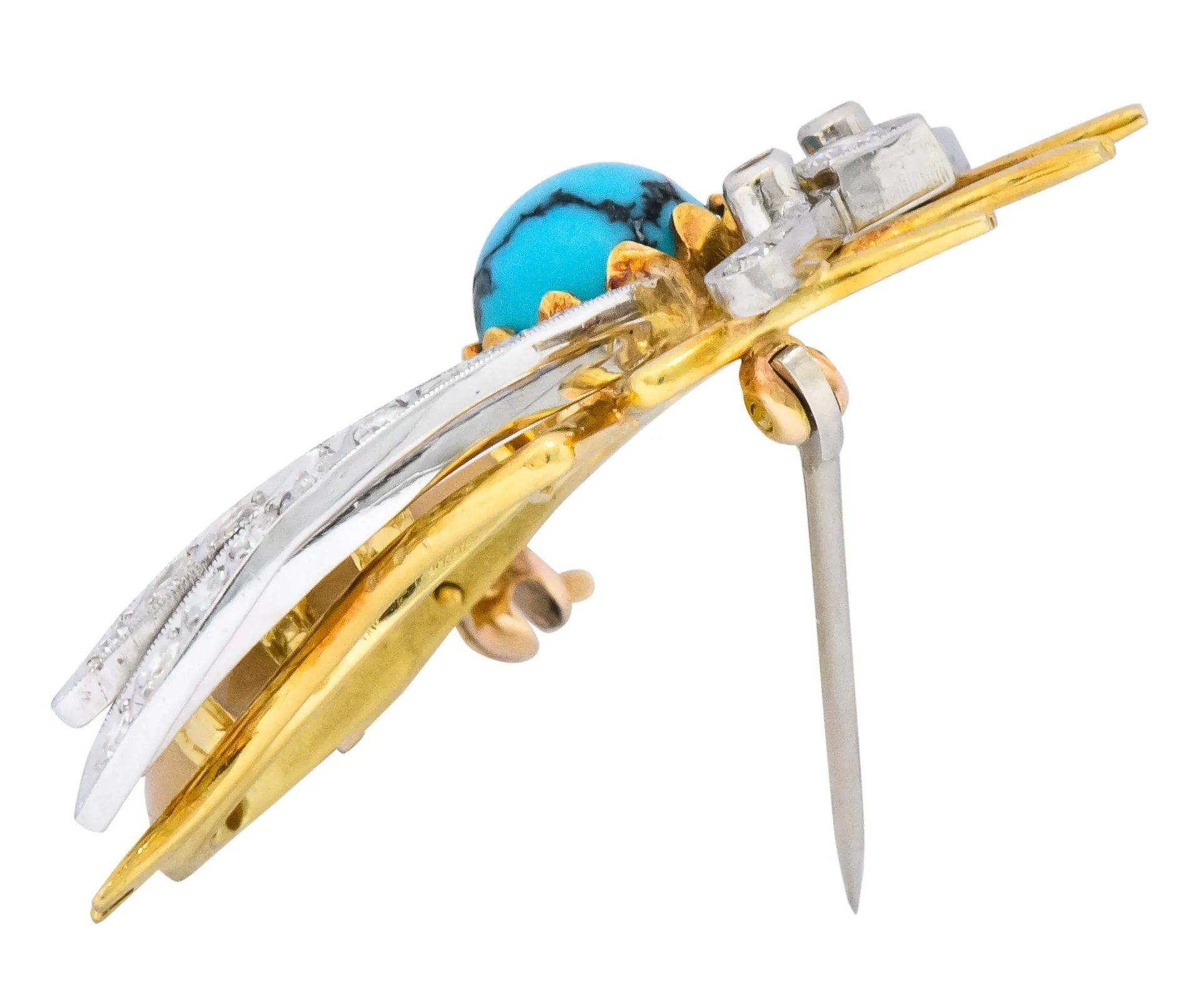 Vintage 1.71 CTW Diamond Turquoise Enamel Platinum 18 Karat Gold Insect Brooch