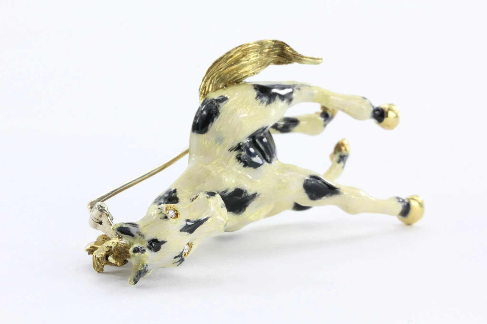 Vintage 18k Gold Enamel & Diamond Paint Horse Figural Heavy Brooch / Pin Signed
