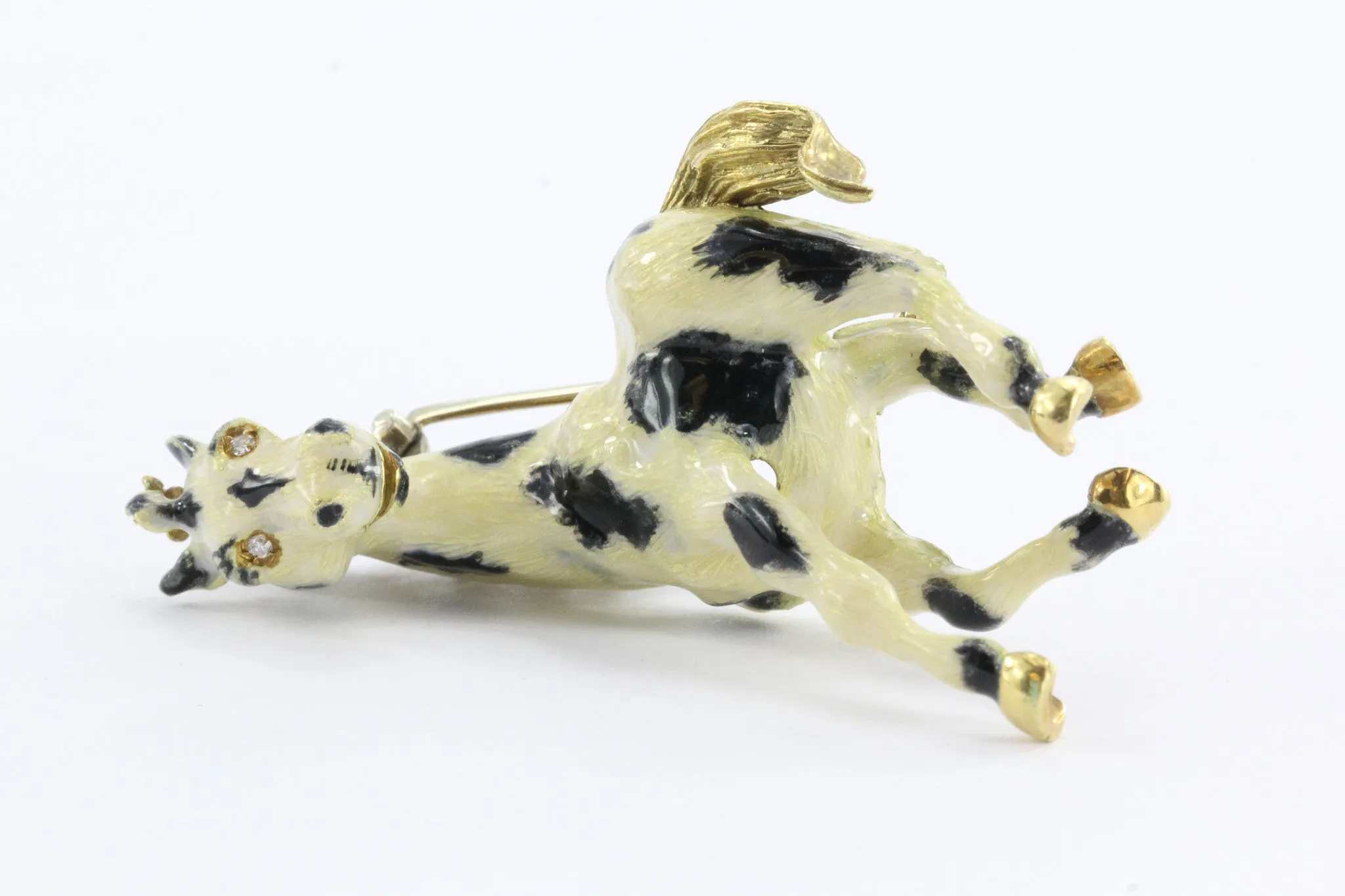 Vintage 18k Gold Enamel & Diamond Paint Horse Figural Heavy Brooch / Pin Signed