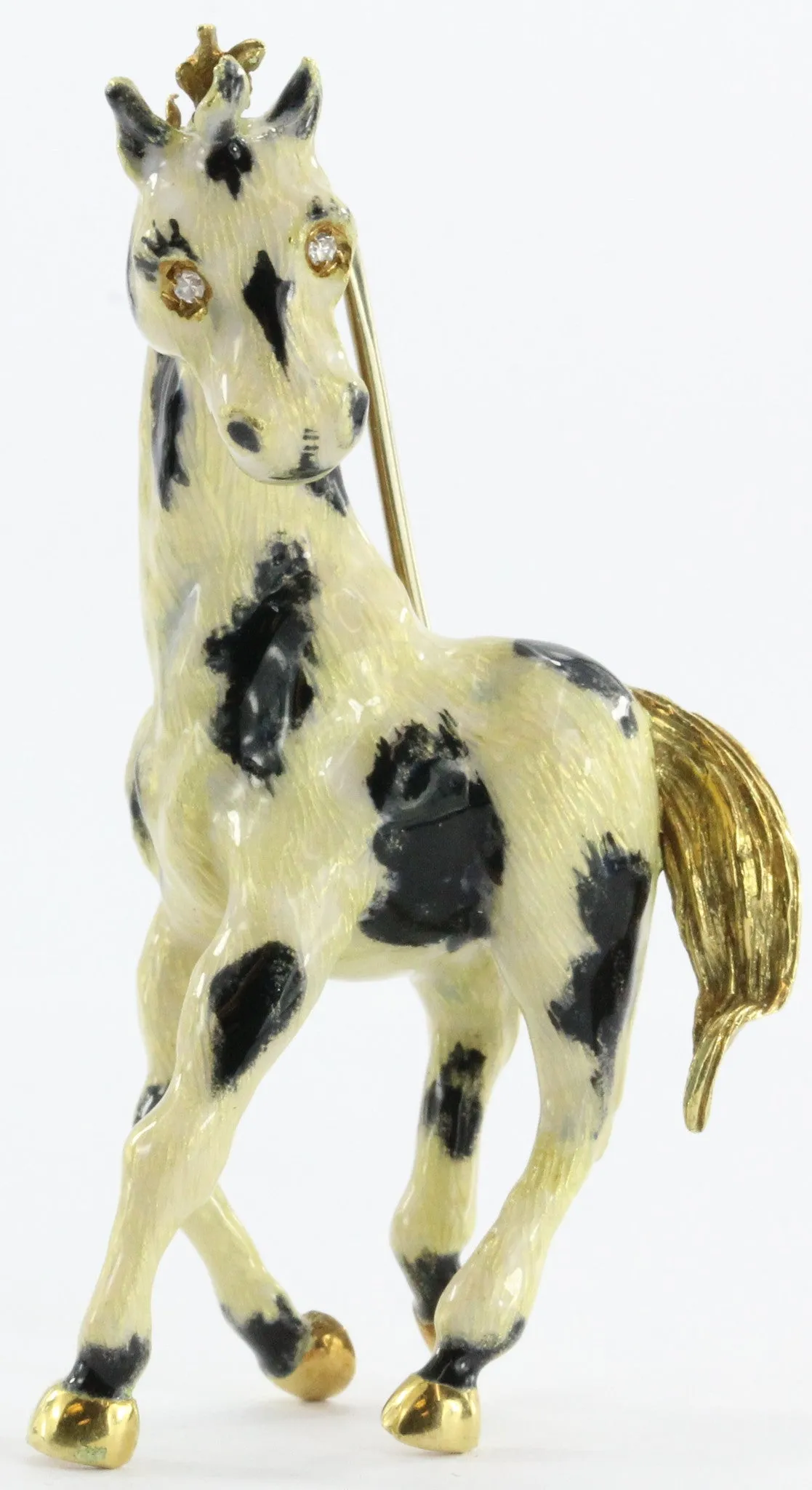 Vintage 18k Gold Enamel & Diamond Paint Horse Figural Heavy Brooch / Pin Signed