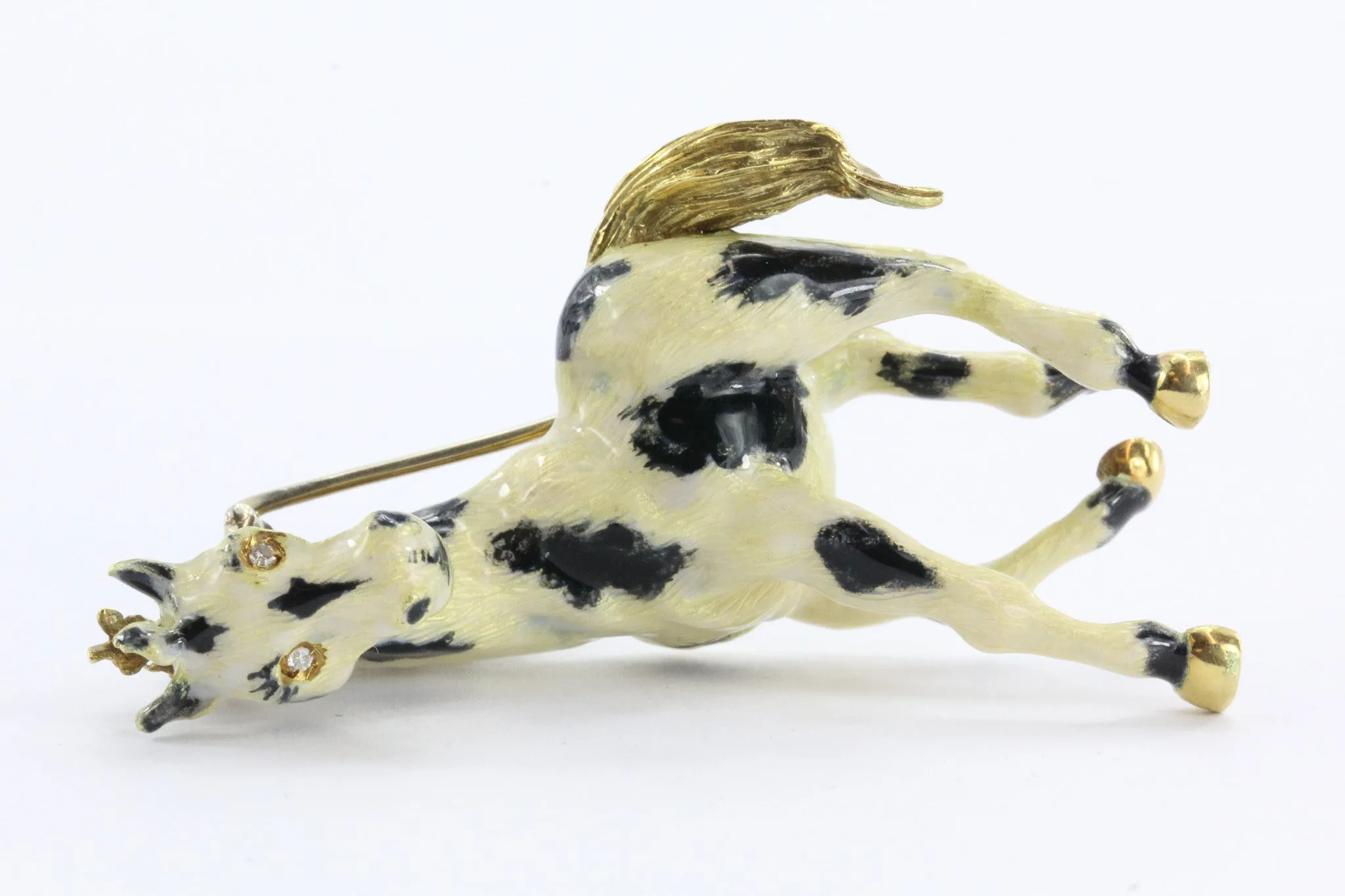 Vintage 18k Gold Enamel & Diamond Paint Horse Figural Heavy Brooch / Pin Signed