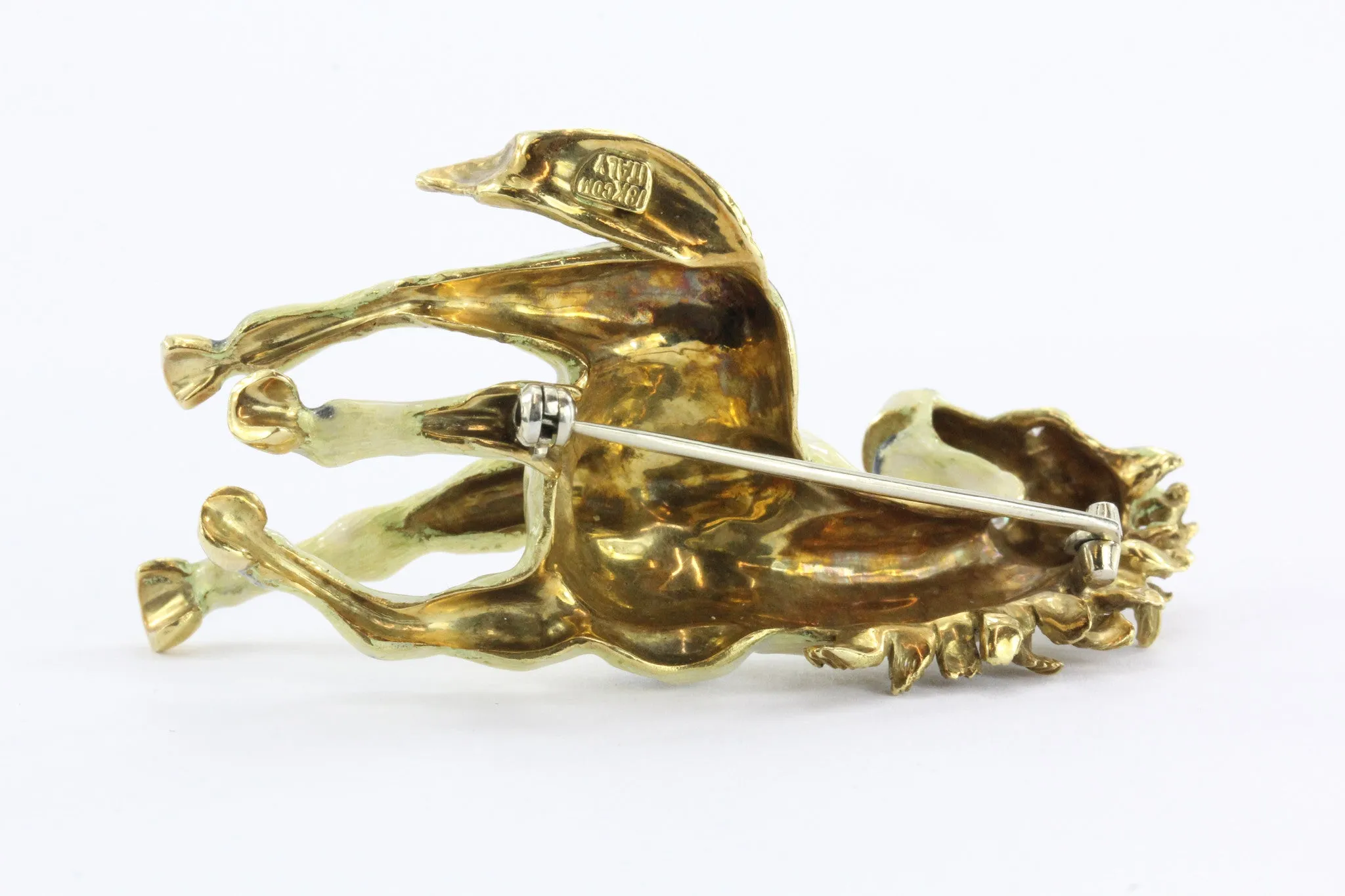 Vintage 18k Gold Enamel & Diamond Paint Horse Figural Heavy Brooch / Pin Signed
