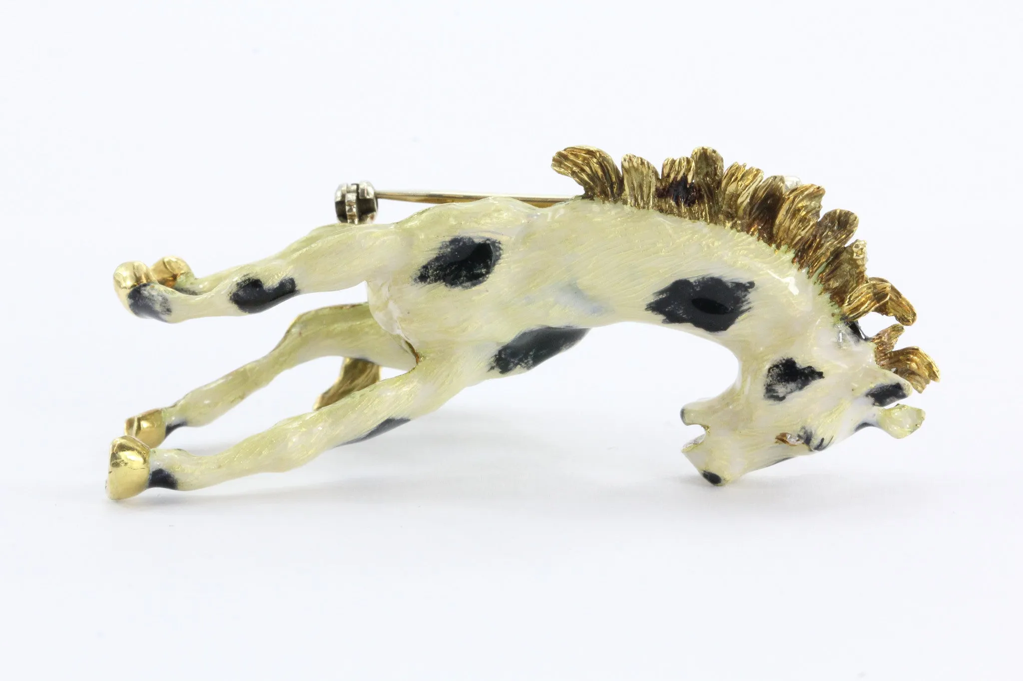 Vintage 18k Gold Enamel & Diamond Paint Horse Figural Heavy Brooch / Pin Signed