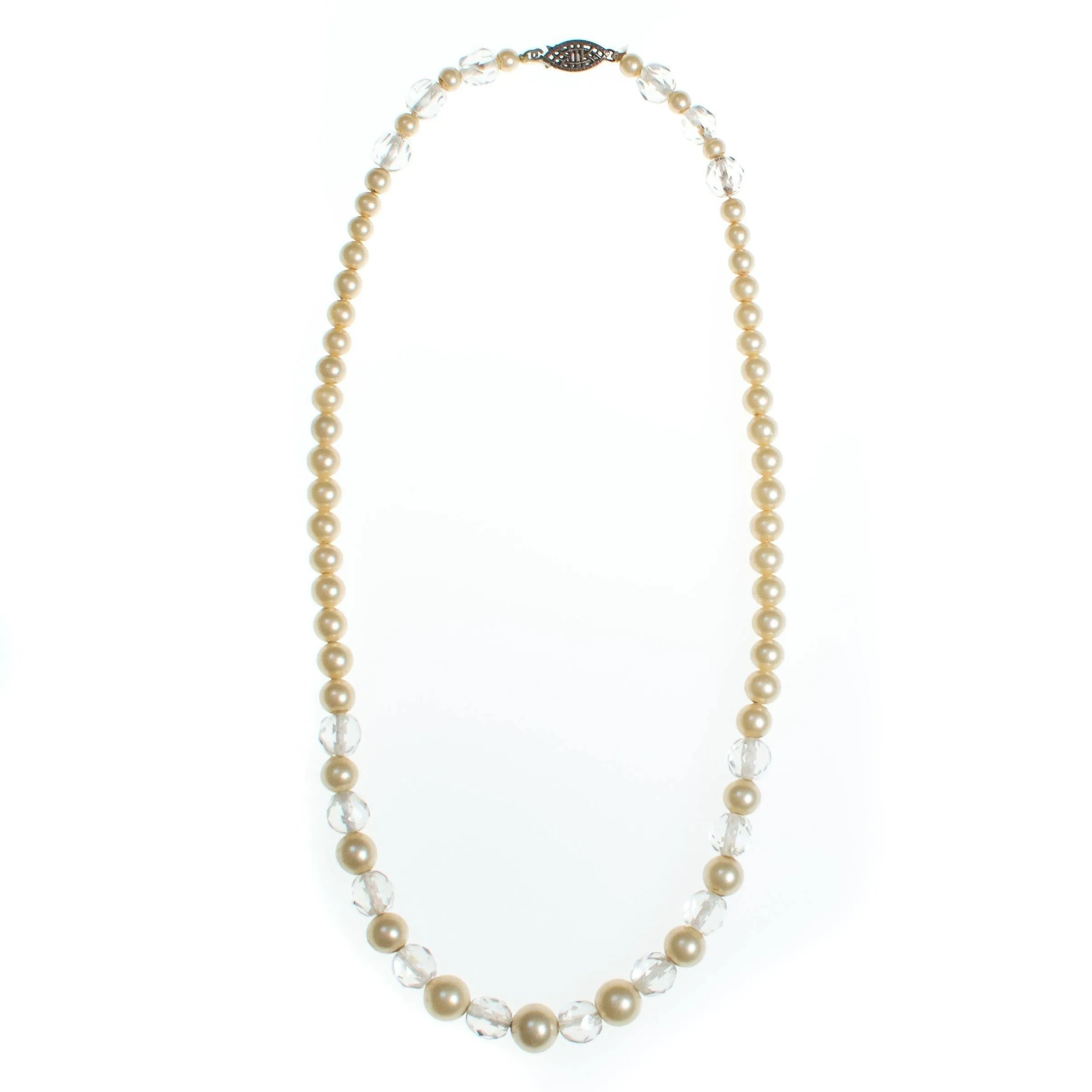 Vintage 1940s Clear Cut Faceted Crystal and Pearl Necklace with Sterling Silver Filigree Clasp