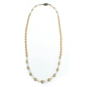 Vintage 1940s Clear Cut Faceted Crystal and Pearl Necklace with Sterling Silver Filigree Clasp
