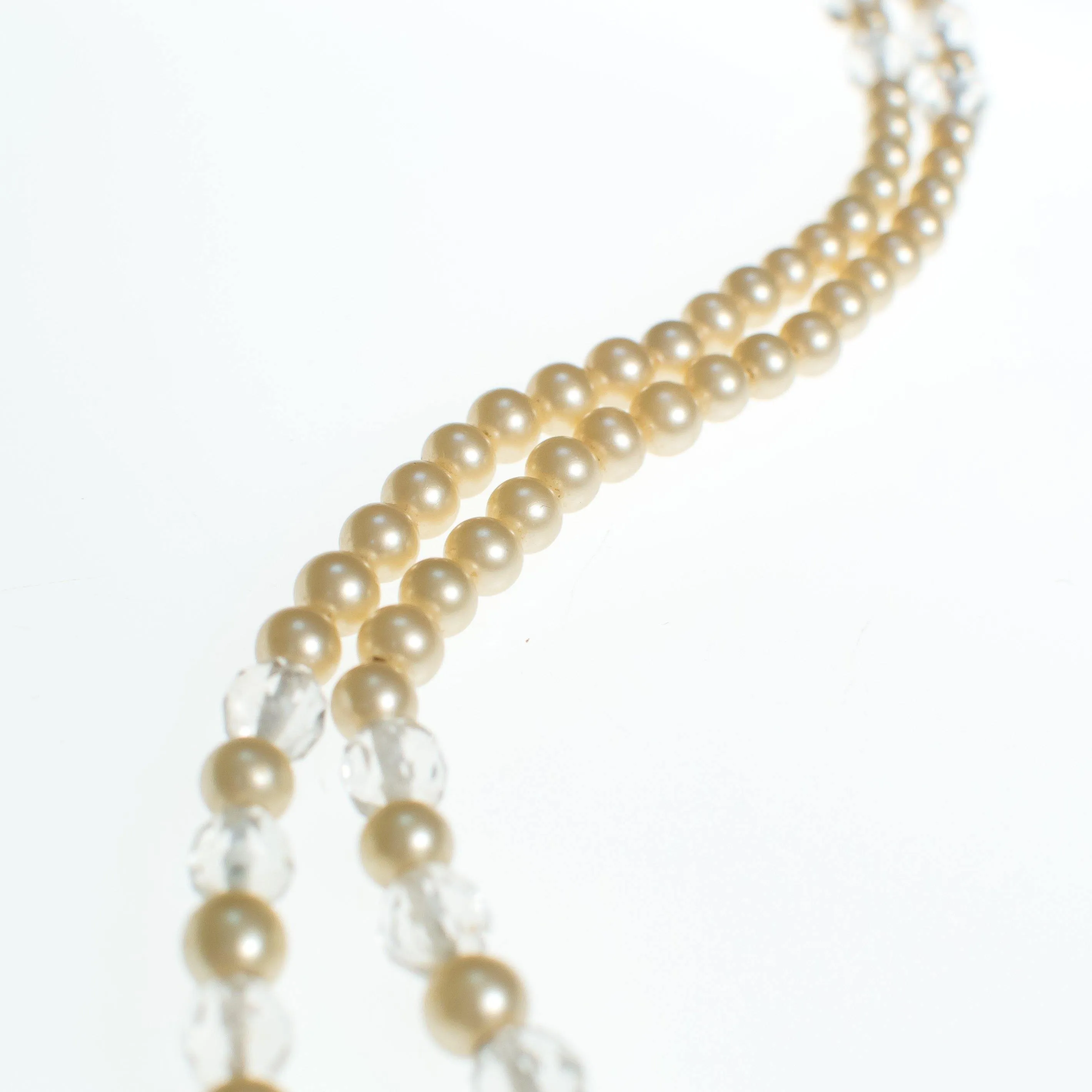 Vintage 1940s Clear Cut Faceted Crystal and Pearl Necklace with Sterling Silver Filigree Clasp
