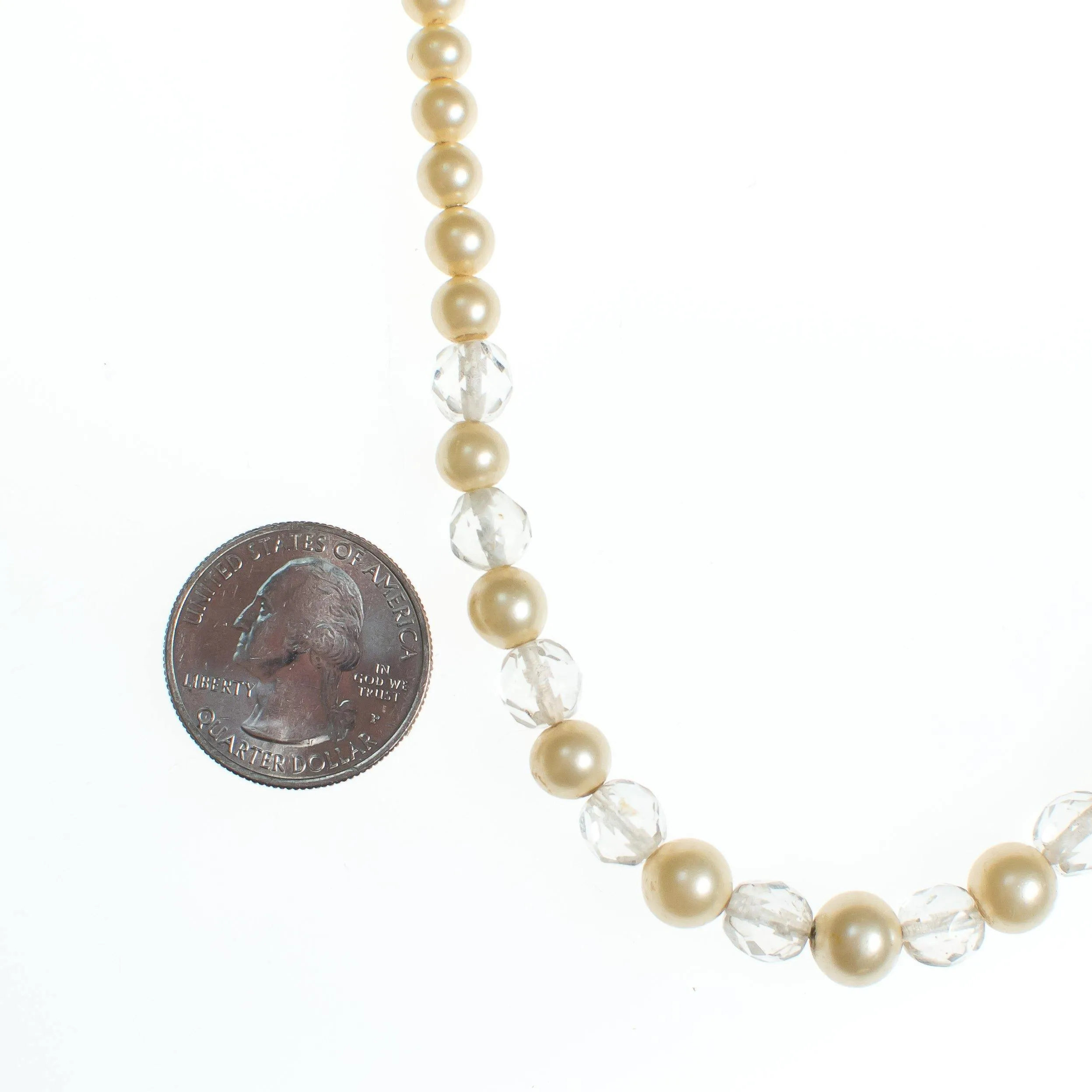 Vintage 1940s Clear Cut Faceted Crystal and Pearl Necklace with Sterling Silver Filigree Clasp