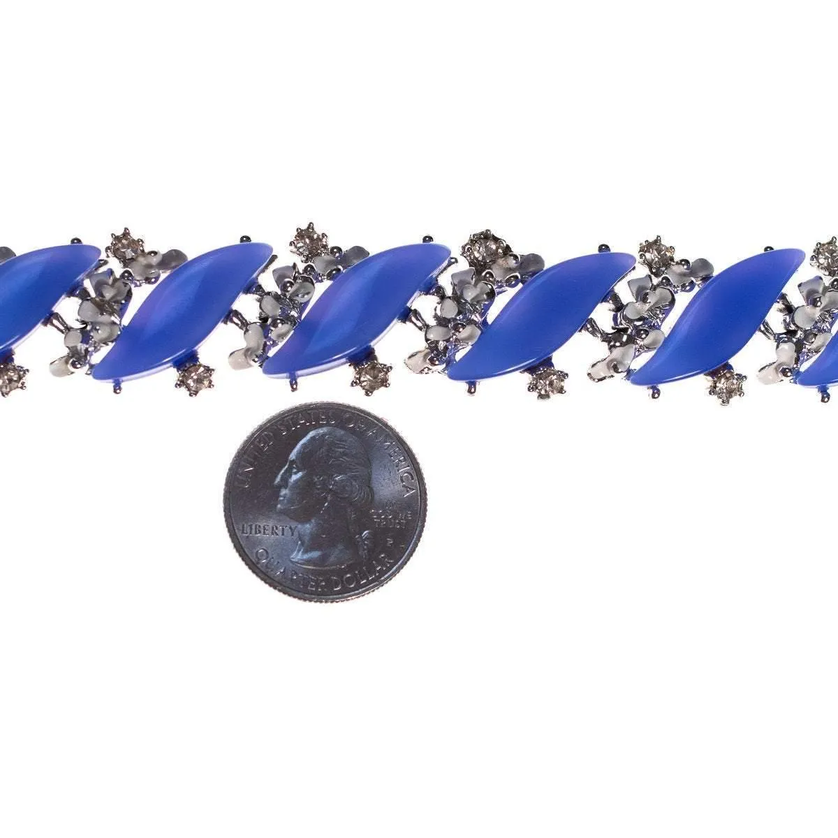 Vintage 1950s Blue and White Enamel Bracelet with Diamante Detailing