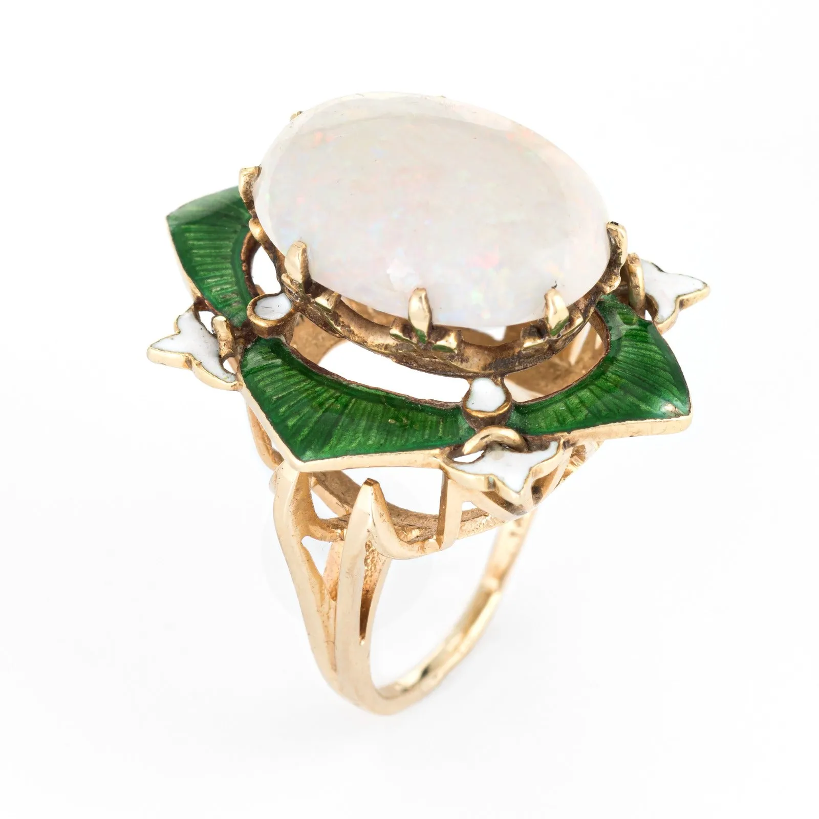 Vintage Art Deco Opal Enamel Ring Fleur de Lis Cocktail 14k Yellow Gold Estate