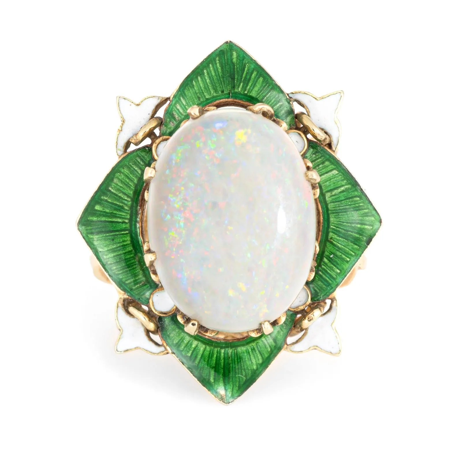 Vintage Art Deco Opal Enamel Ring Fleur de Lis Cocktail 14k Yellow Gold Estate