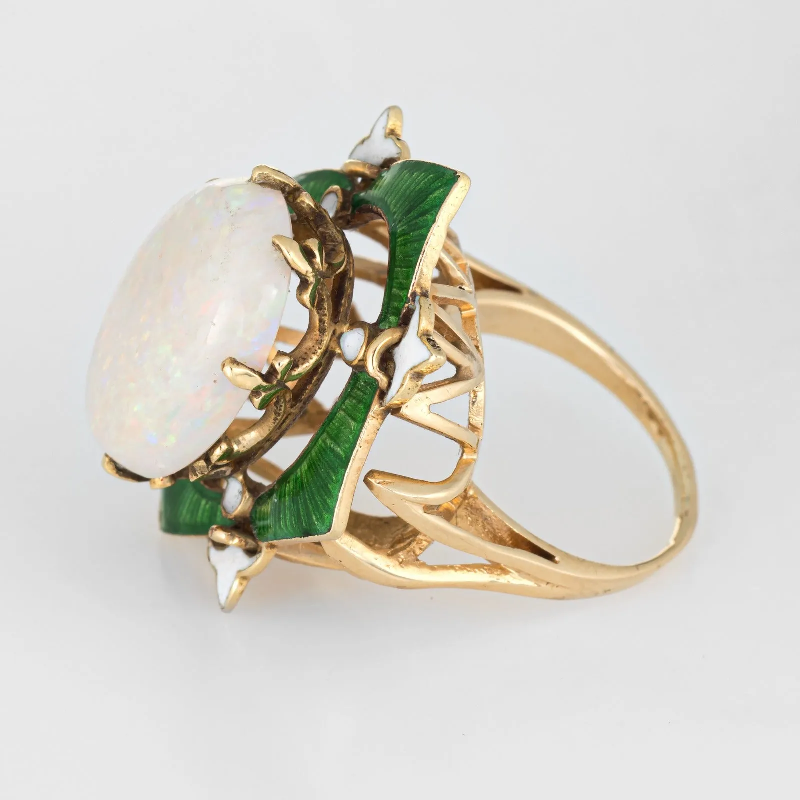 Vintage Art Deco Opal Enamel Ring Fleur de Lis Cocktail 14k Yellow Gold Estate