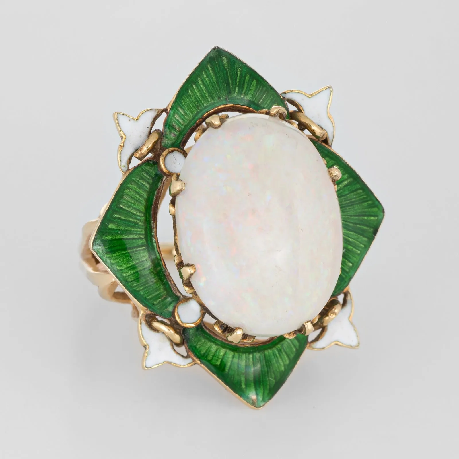 Vintage Art Deco Opal Enamel Ring Fleur de Lis Cocktail 14k Yellow Gold Estate