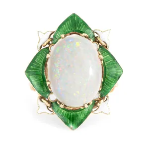 Vintage Art Deco Opal Enamel Ring Fleur de Lis Cocktail 14k Yellow Gold Estate