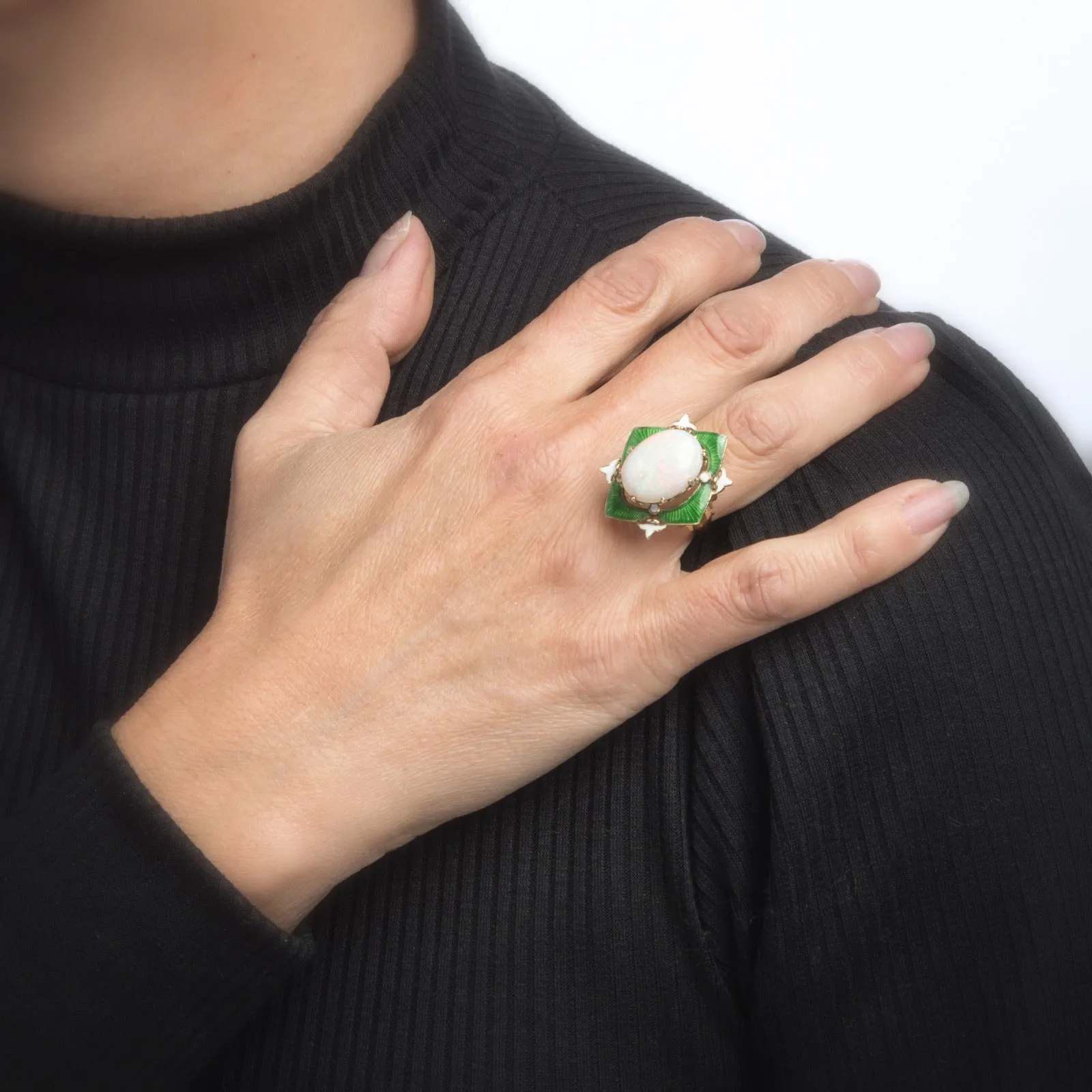 Vintage Art Deco Opal Enamel Ring Fleur de Lis Cocktail 14k Yellow Gold Estate