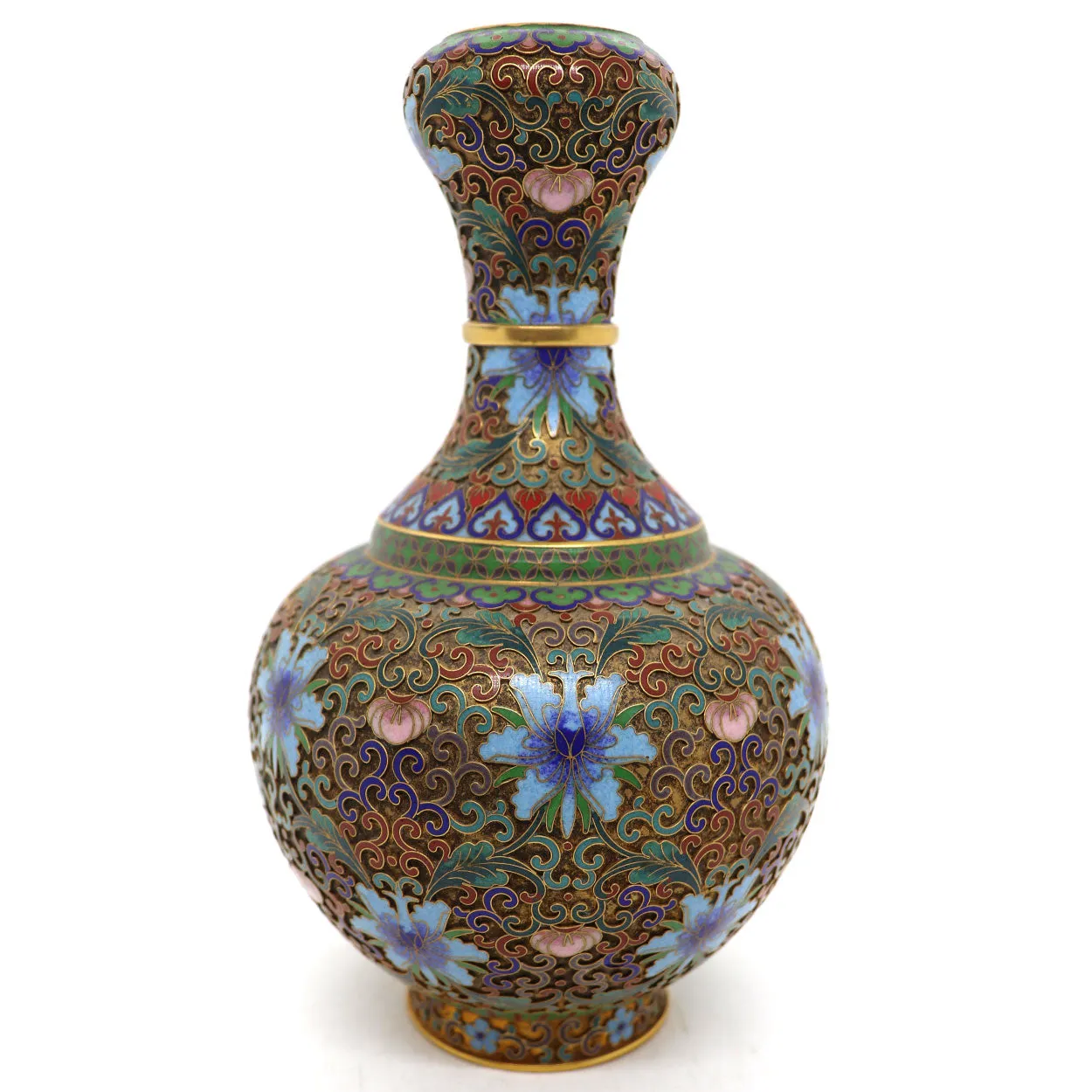 Vintage Chinese Cloisonne Enamel and Brass Openwork Garlic-Head Vase
