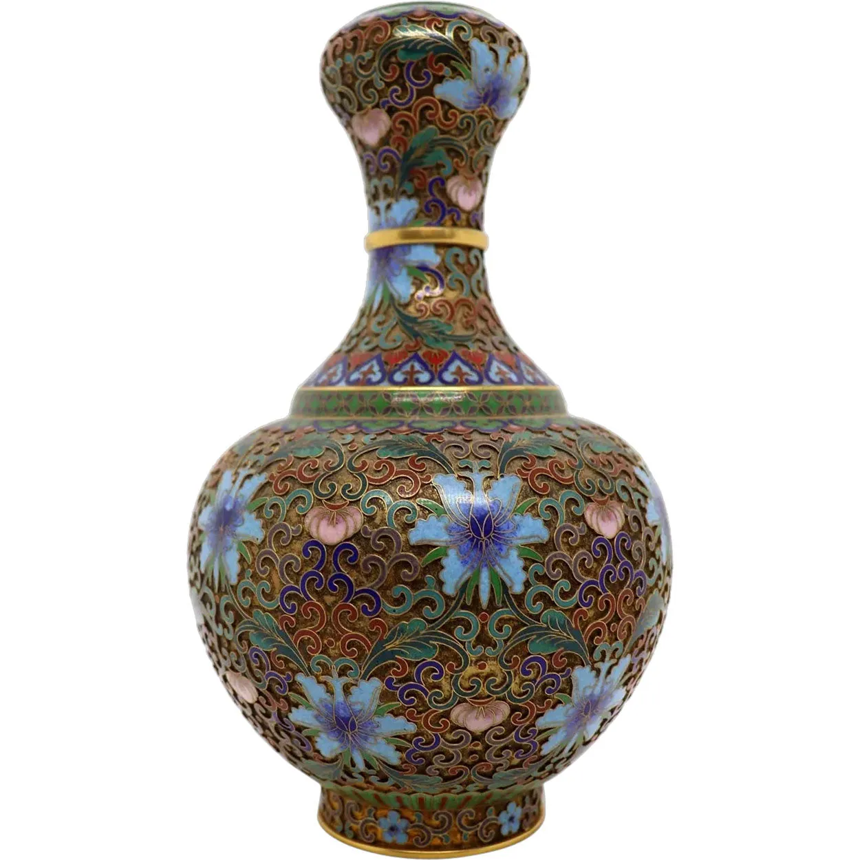Vintage Chinese Cloisonne Enamel and Brass Openwork Garlic-Head Vase
